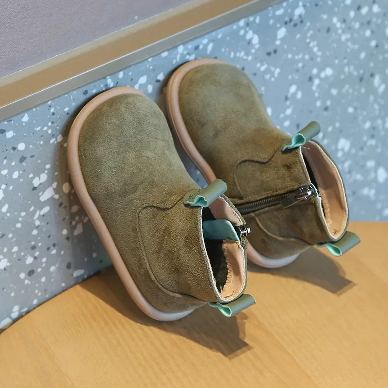 

Children Winter Versatile Boy Add Velvet Suede Casual Cotton Boots Girls Keep Warm British Boots Neutral Solid Color Side Zipper