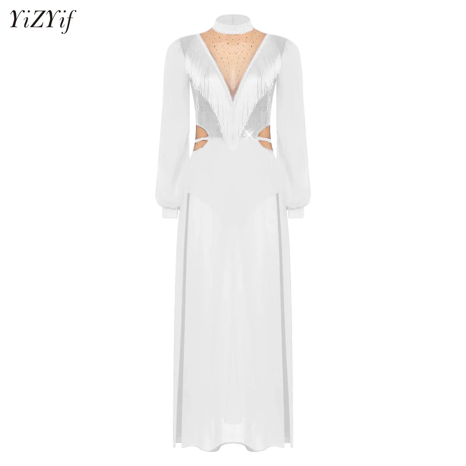 

Women Latin Dance Rumba Tango Performance Dancewear Long Sleeve Sequin Tassel Sheer Mesh Modern Lyrical Dance Leotard Dress