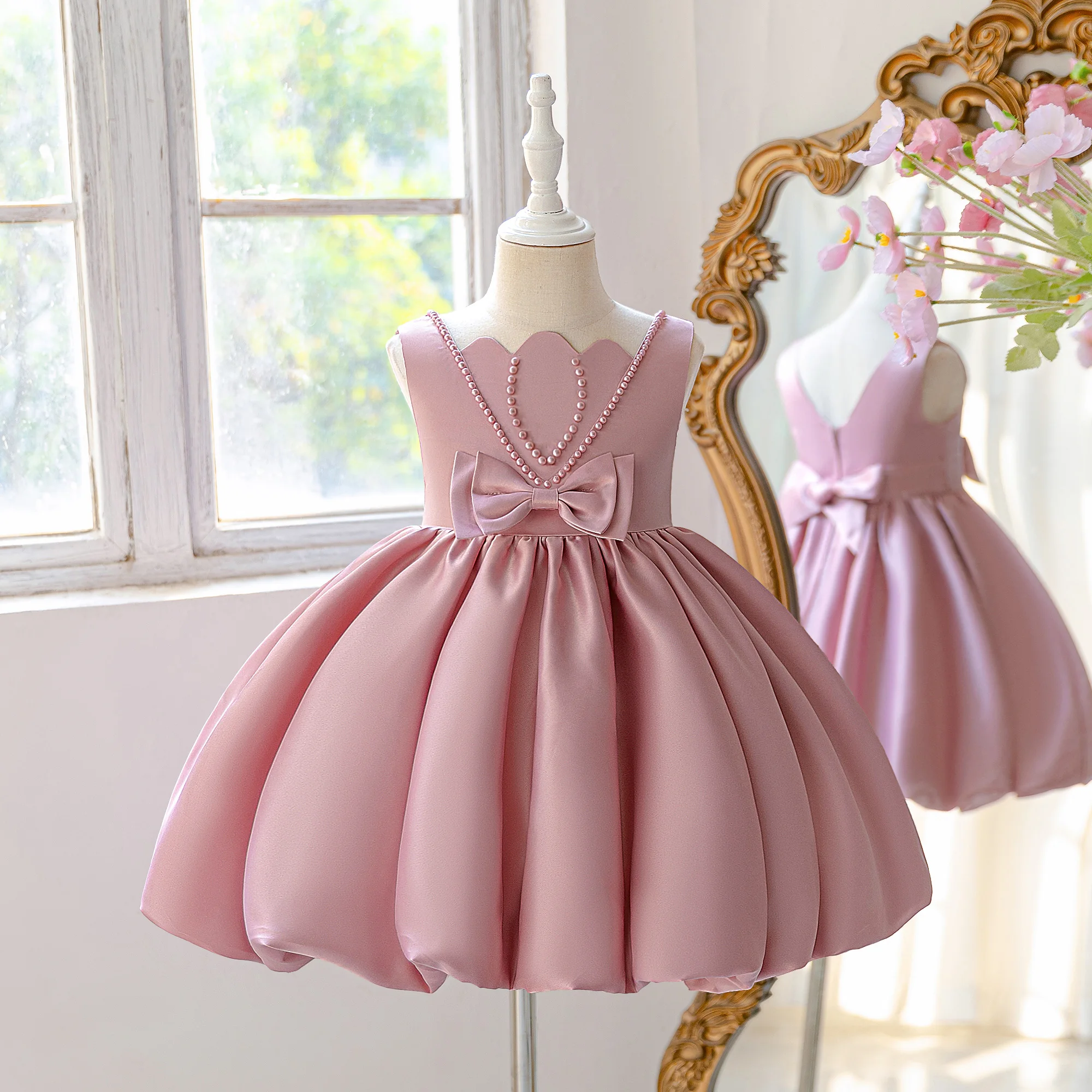 Summer Beading Bridesmaid Girls Dress Elegant Baptism Wedding Party Princess Prom Dresses Girl Bow Birthday Evening Kids Clothes