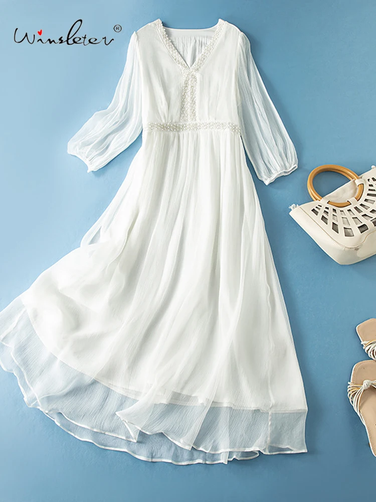 

Winsleter-100% Silk Elegant Dress, V Neck 3/4 Sleeve Beading, Women French Beach Vacation Fairy Dresses, 2026 Summer D64013CC