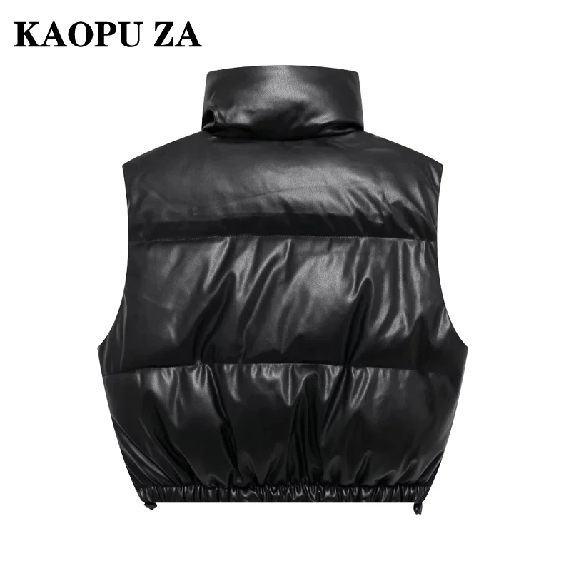 KAOPU ZA 2024 New Winter Ladies Fashion Black Zipper Sleeveless Vest Jacket Vintage High Neck Bodywarmer Tops