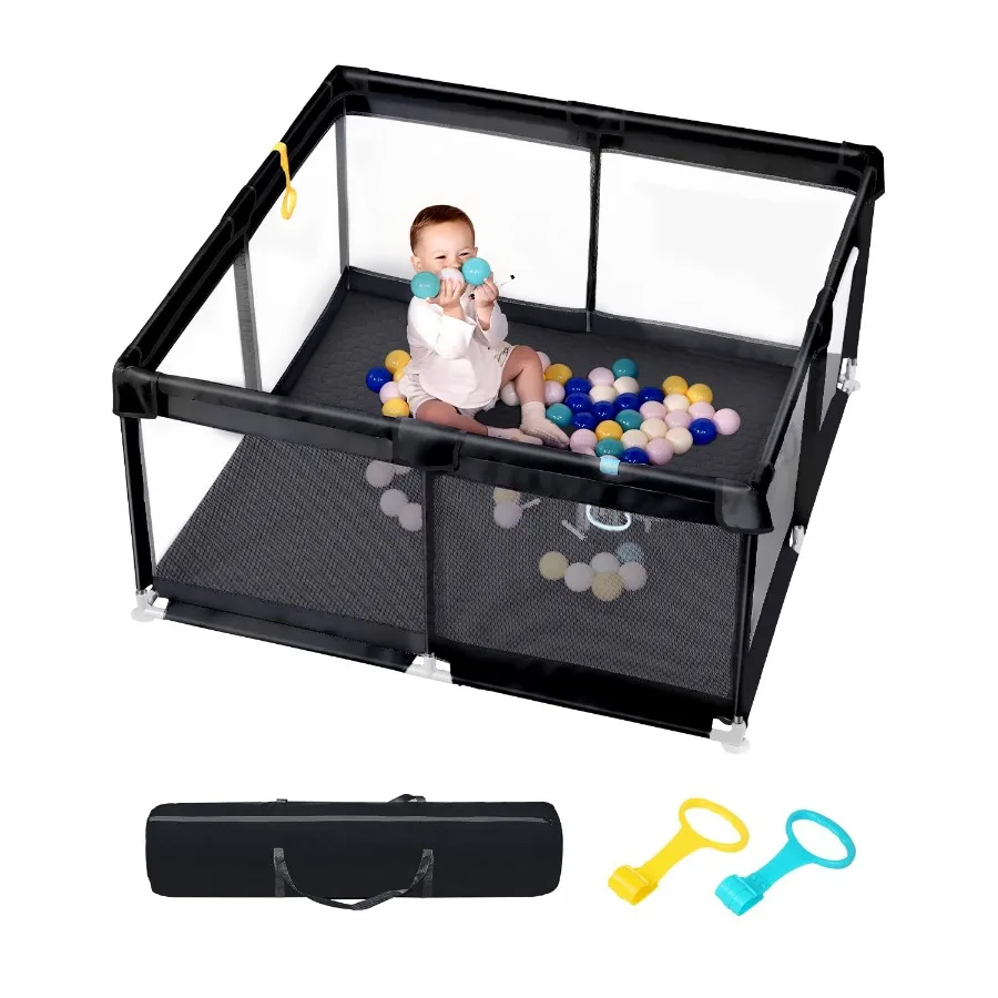 Baby Playpen with Non Removable Mat, Extra Large Play Yard for Babies & Toddlers, Portable Travel Playpen (Black 50"×50")
