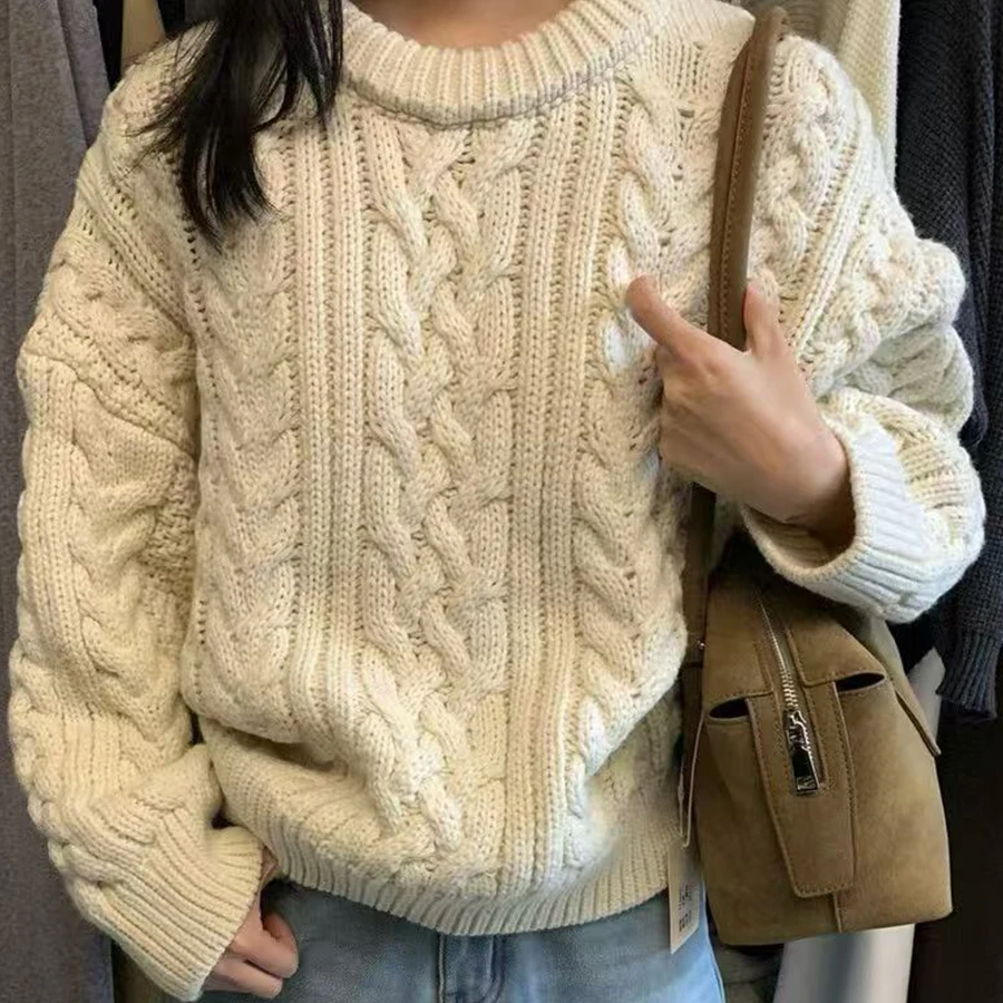 เสื้อไหมพรมถักทรงหลวม แขนยาว ผ้าผสมขนสัตว์และฝ้าย สวมใส่สบาย เหมาะสำหรับฤดูหนาว