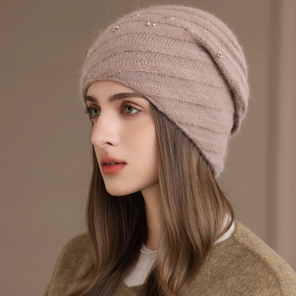 Neue Frauen Winter Hut Schmücken Beanie Hut Rund Wicklung Stil Kaninchen Fell Mischung Warme Winter Kappe Y2K Weibliche Outdoor Gestrickte Hut