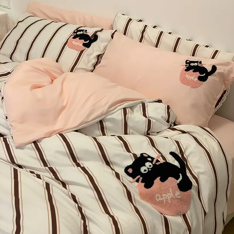 

Cute Cartoon Cat Bedding Set Soft Stripe Bed Linen with Pillowcases Single Double Size Animal Panda Duvet Cover for Kids Girls