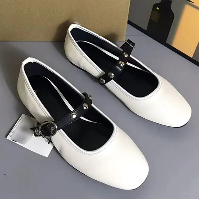 White Metal Dot Patent Leather Sandals Autumn Women Round Head Closed Toe Flat Shoes Fashion Low Square Heel Sandal For Woman