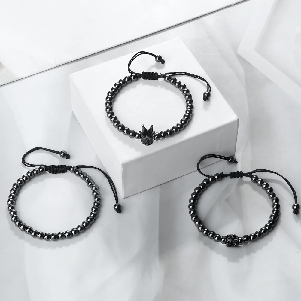 3Pcs/Set Copper Bead Bracelet Women Men Crown Pendant Couple Bangles Chain Friendship Pulsera Jewelry Gift