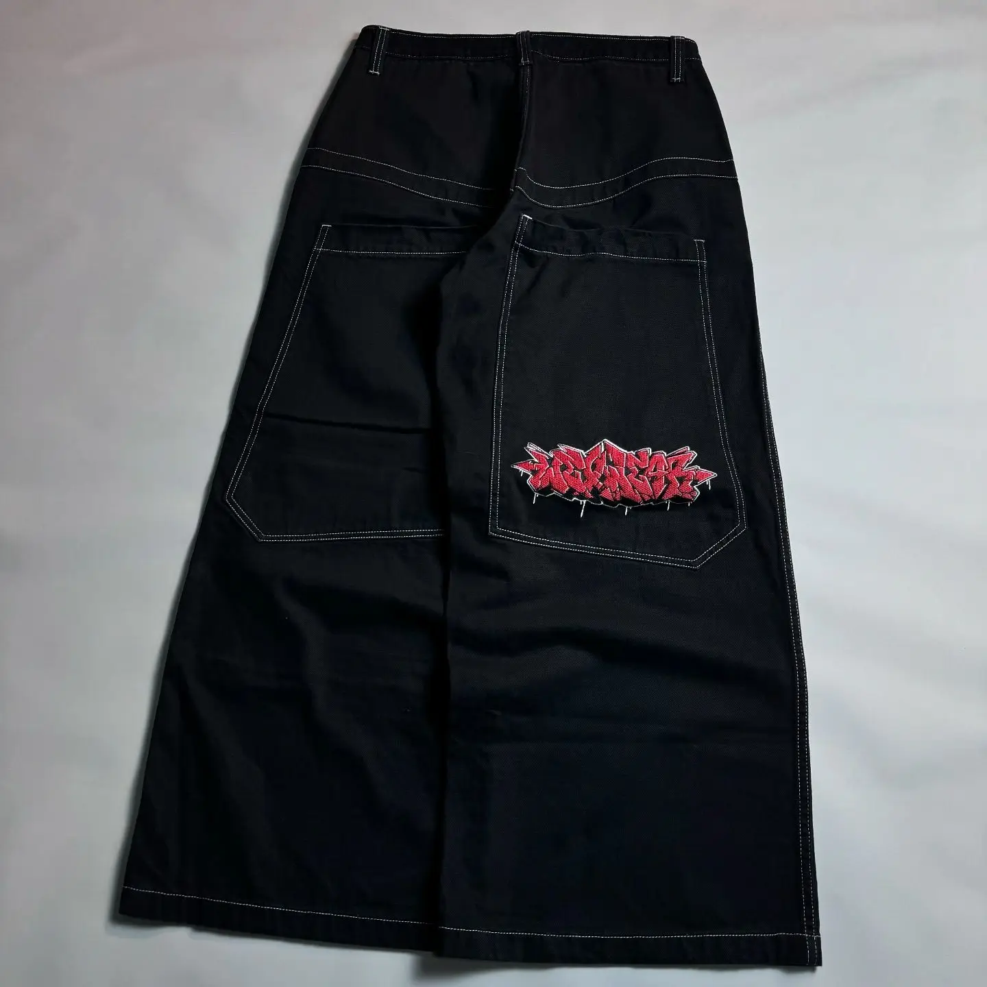 Pantalones vaqueros holgados con estampado bordado Harajuku para hombre y mujer, ropa de calle Y2K, Pantalón ancho de cintura alta, monopatín negro