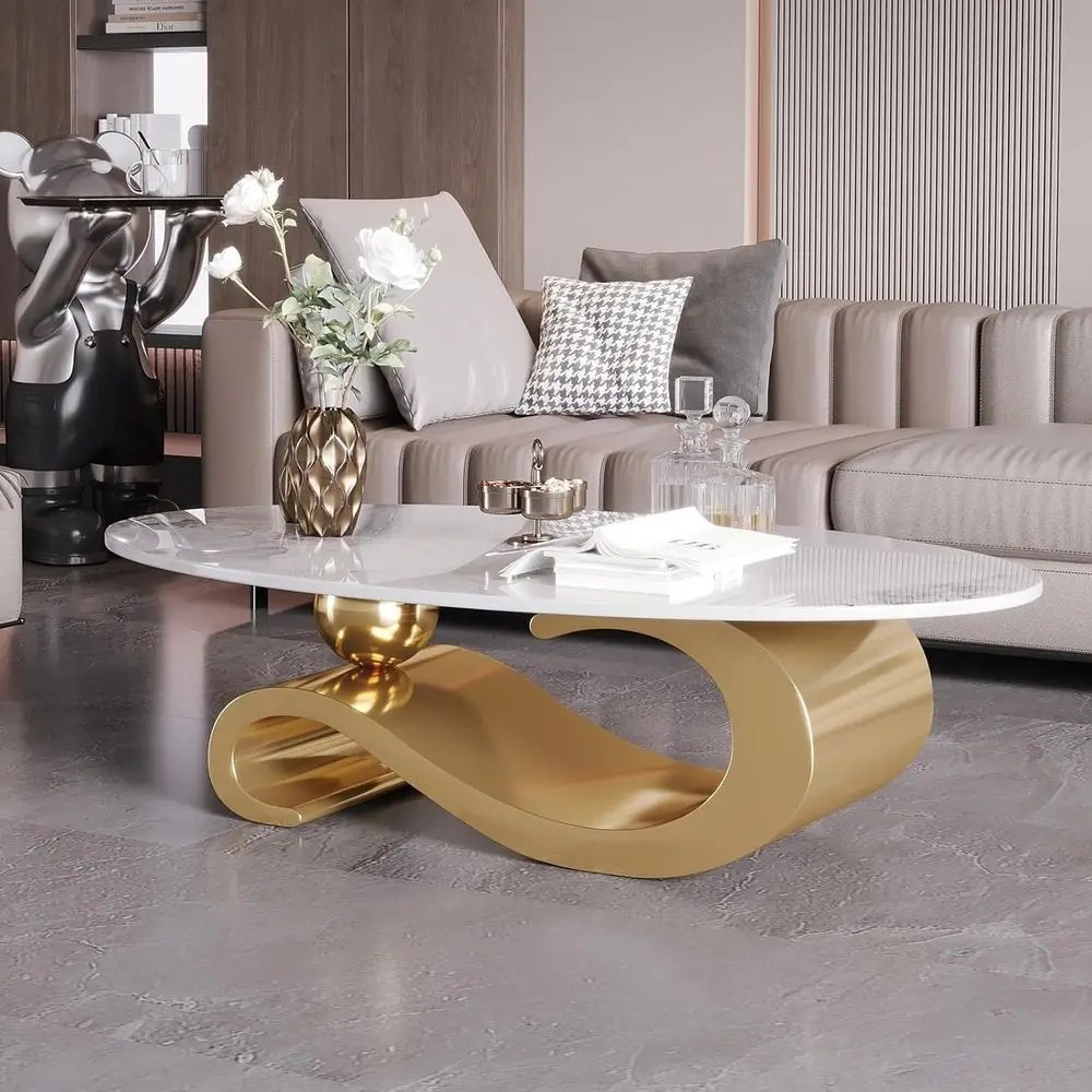 

Oval Marble Coffee Table with Stainless Steel Gold Base, Scratch-Resistant Accent Table for Living Room, Luxury Centerpiece, Eas