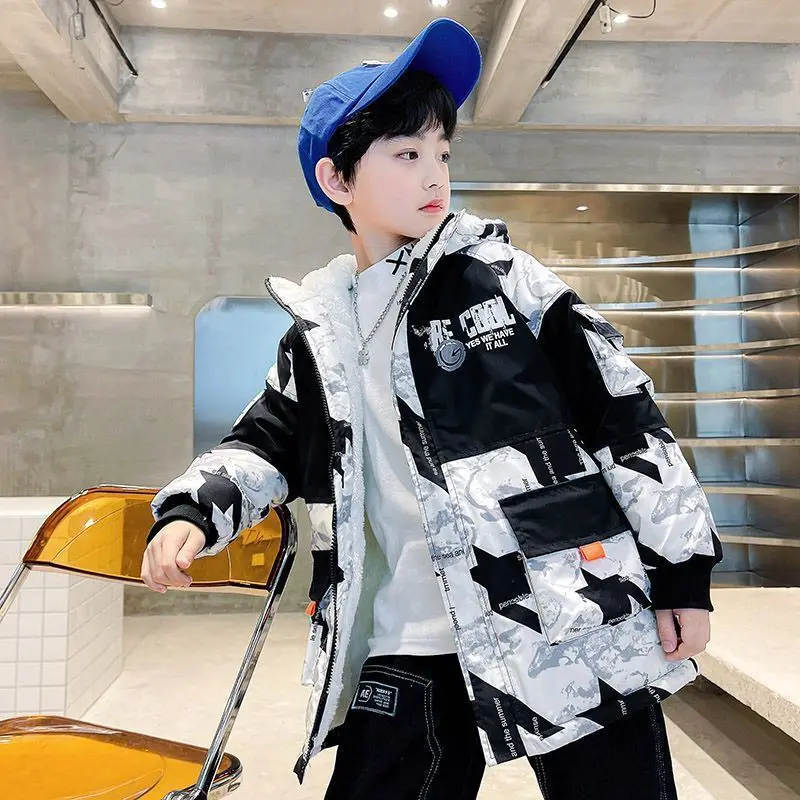 Boys Winter Jacket Children Camouflage Hooded Outwear Kids Thicken Warm Plus Velvet Coat for Boys 4 6 8 10 12 14 Years