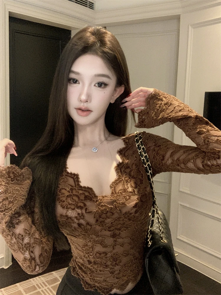 

Sexy V-Neck Long Sleeve T-Shirt Women's Autumn Winter New Style Pure Desire Inner Wear Slimming Base Shirt Top with Lace Stra...