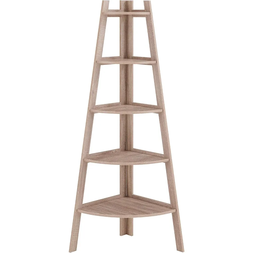 Estantería de exhibición de escalera de esquina piramidal independiente de 5 niveles/estantería (roble desgastado)