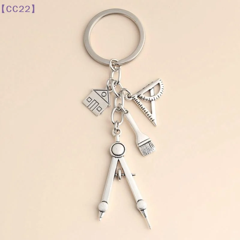 （CC22）1 Pc Home Silver Color Keychain Building Triangular Ruler Painting Compass For Architects Engineers Drawing Gifts Jewelry