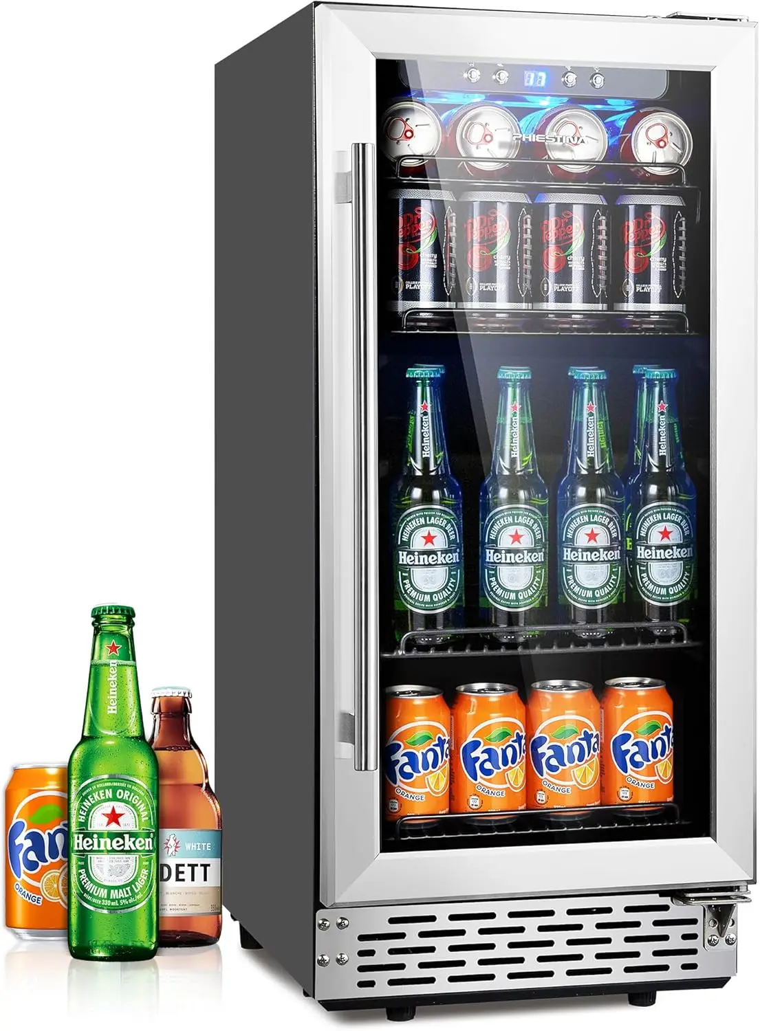 Beverage Refrigerator,15 Inch 96 Cans Beverage Cooler Small Wine Fridge Built-in or Freestanding with Auto Defrost,Glass Door