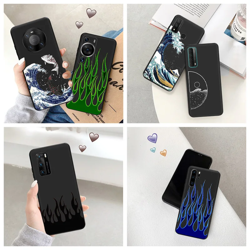 Silicone Black Phone Case for Motorola G200 5G G30 G31 One Fusion Yellow Green Flame Sea wave Huawei P40 P30 P20 iphone6 Cover