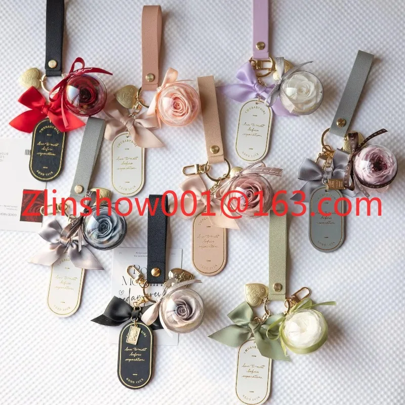 Wholesale Custom Logo Metal Heart Leather Pendant Plastic Ball Key Chains Valentines Gifts Preserved Rose Keychain for Women