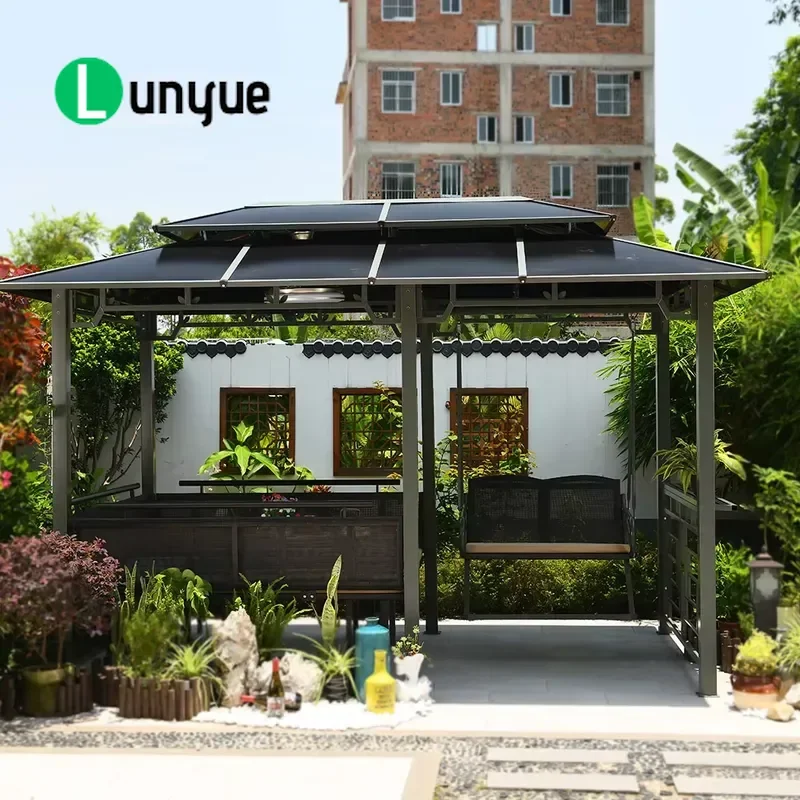 Waterproof Aluminum Alloy Pergola with Solar Panel Roof Prefabricated Outdoor Garden Patio Shade Structure Durable Modern