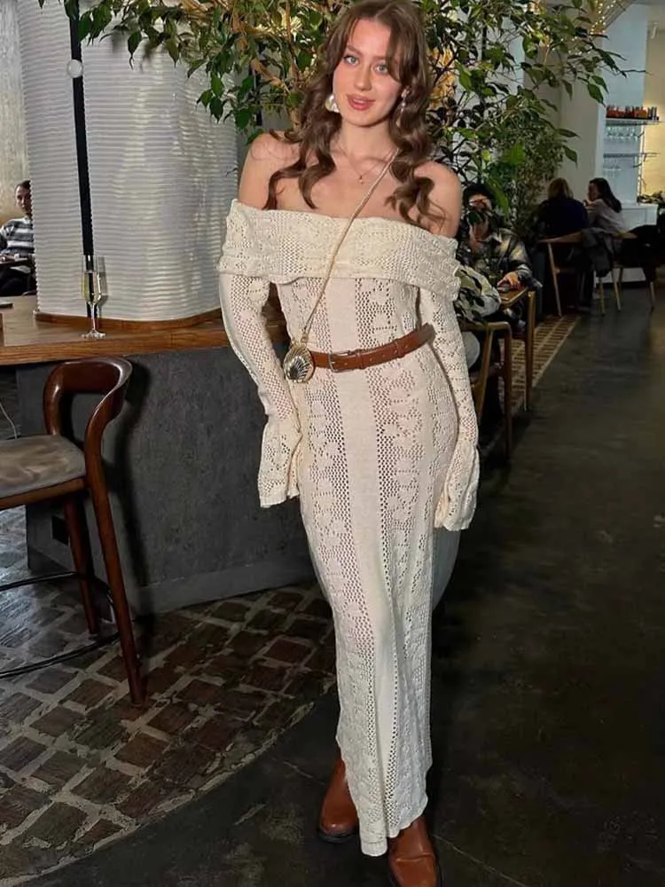 

BKQU Sexy Off Shoulder Knit Maxi Dresses Women Hollow Out Slim Long Sleeved Backless Robe 2025 Autumn Lady Vacation Maxi Dresses