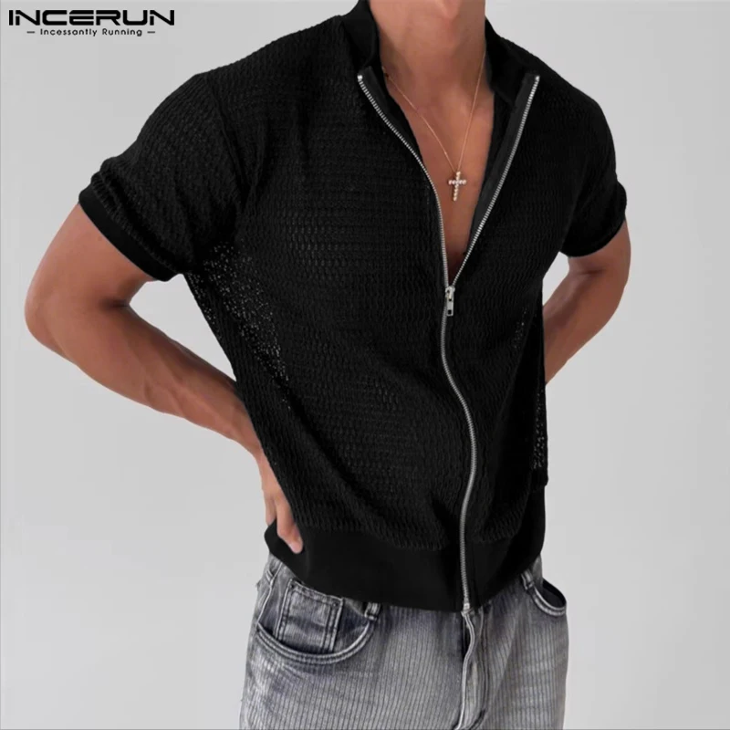 

INCERUN Мужская рубашка, сетчатая прозрачная однотонная молния с коротким рукавом, мужская одежда, свободная уличная одежда, лето 2025, модный повседневный кардиган