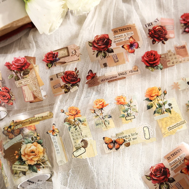 Journal GO 6.5x200cm Rose Whisper Vintage Flower PET Tape Creative Landscaping DIY Journal Material Collage Scrapbooking Tape