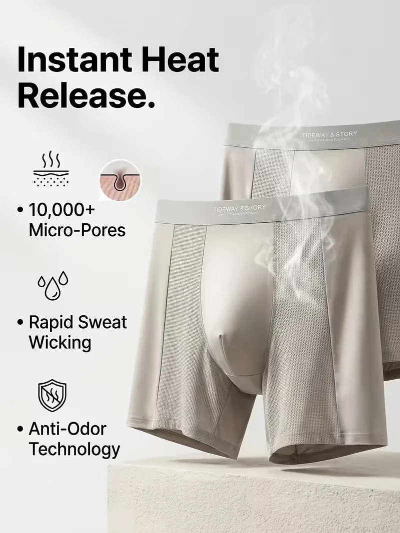 1 Piece of Men's Light Luxury Satin Underwear, Solid Color Breathable Mesh Splicing, Smooth, Soft and Comfortable Men's Long Fla