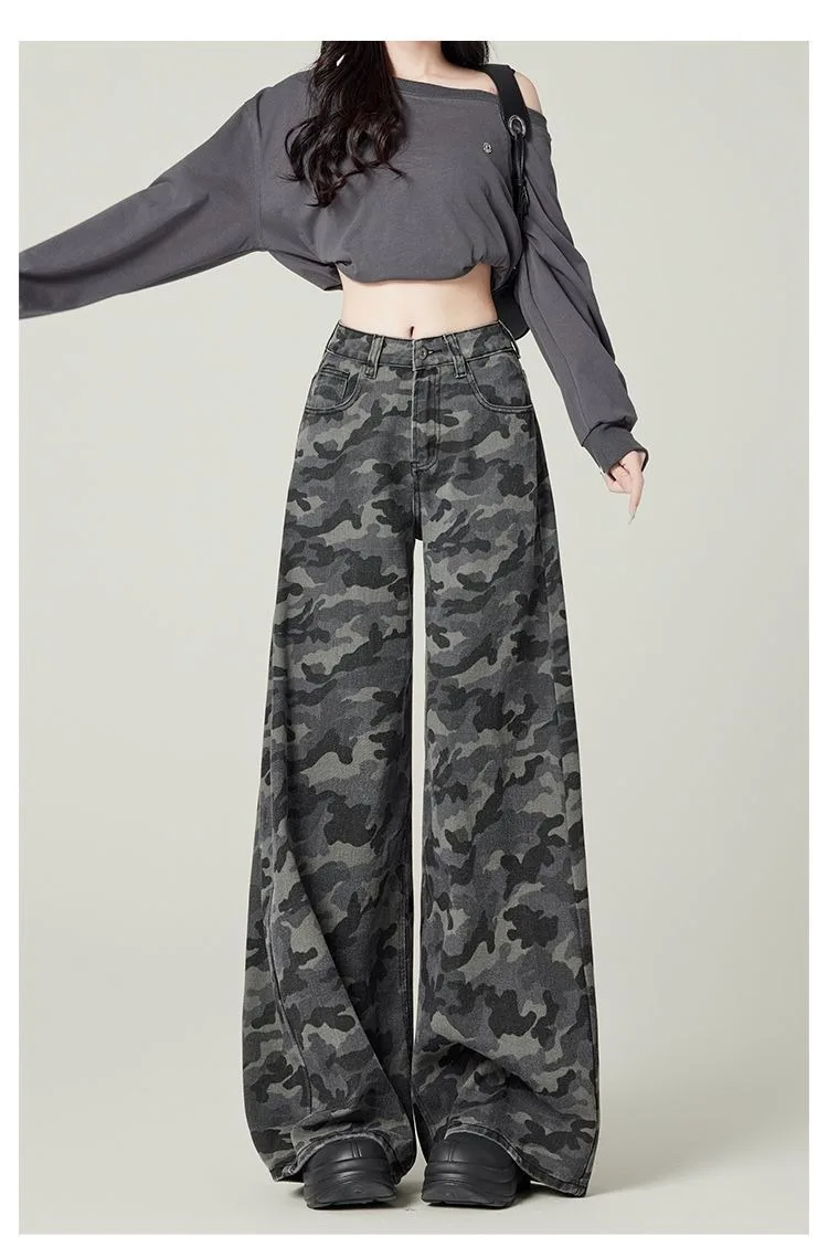 Y2K Übergröße Damen Graue Camouflage Cargo Jeans 2026 Frühling Herbst Hochgeschnittene Weite Hose Streetwear – Detail 5