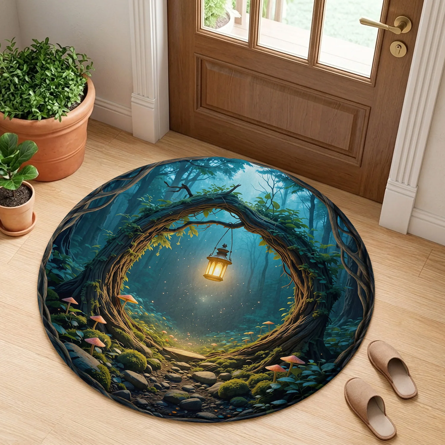 Tapis rond de luxe pour la maison, motif Forêt enchantée, lanternes suspendues, arbres creux, champignons, sentiers moussés, décoration de vacances