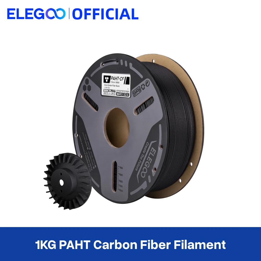 Filamento de Fibra de Carbono PAHT ELEGOO 1.75mm 1KG, Filamento de Impressão 3D de Nylon CF de Alta Temperatura e Alta Resistência para Impressoras 3D FDM Fechadas