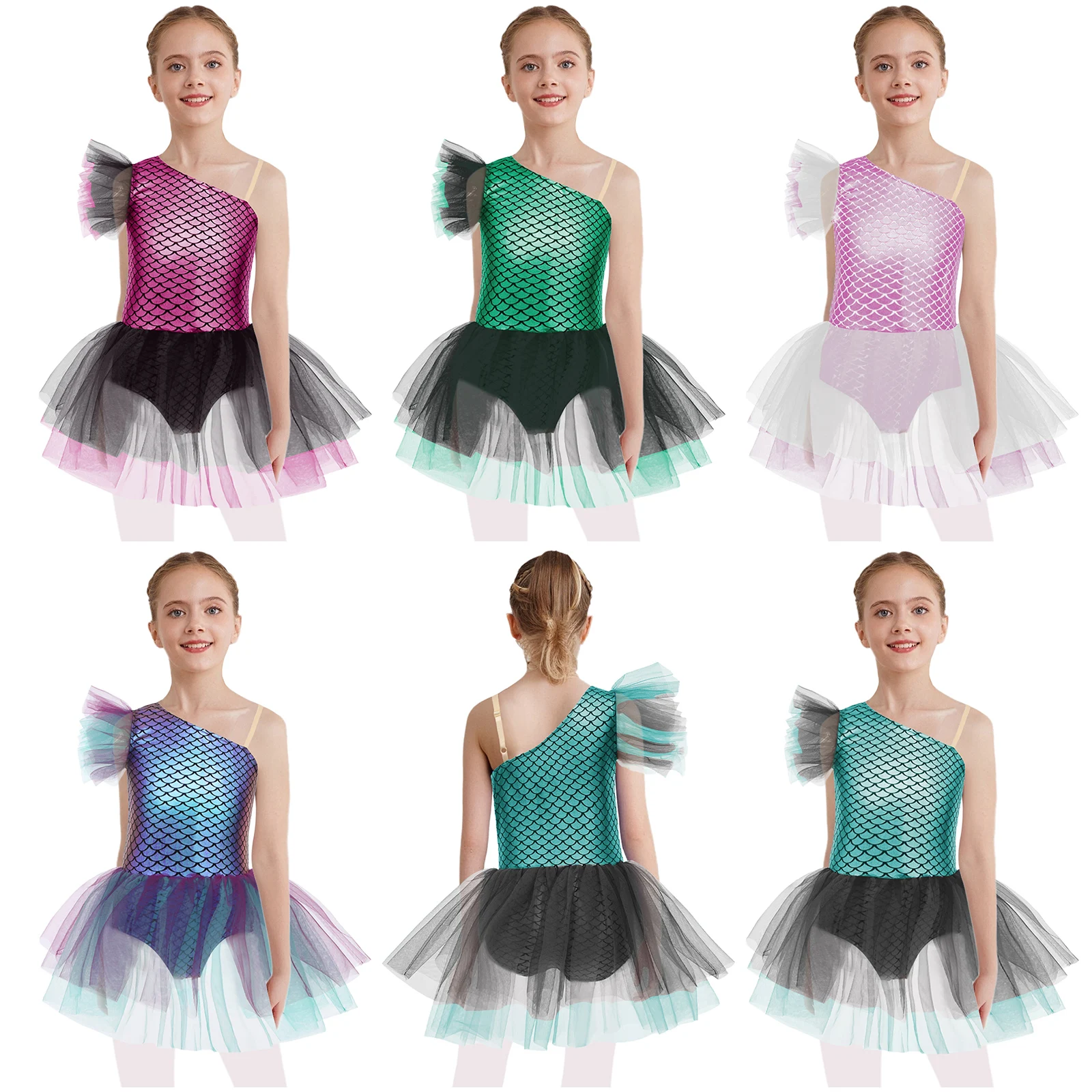 Детское платье для балета и танцев для девочек, фигурного катания, гимнастики, карнавальный костюм на Хэллоуин, костюм русалки с принтом рыбьей чешуи, сетчатый купальник-пачка