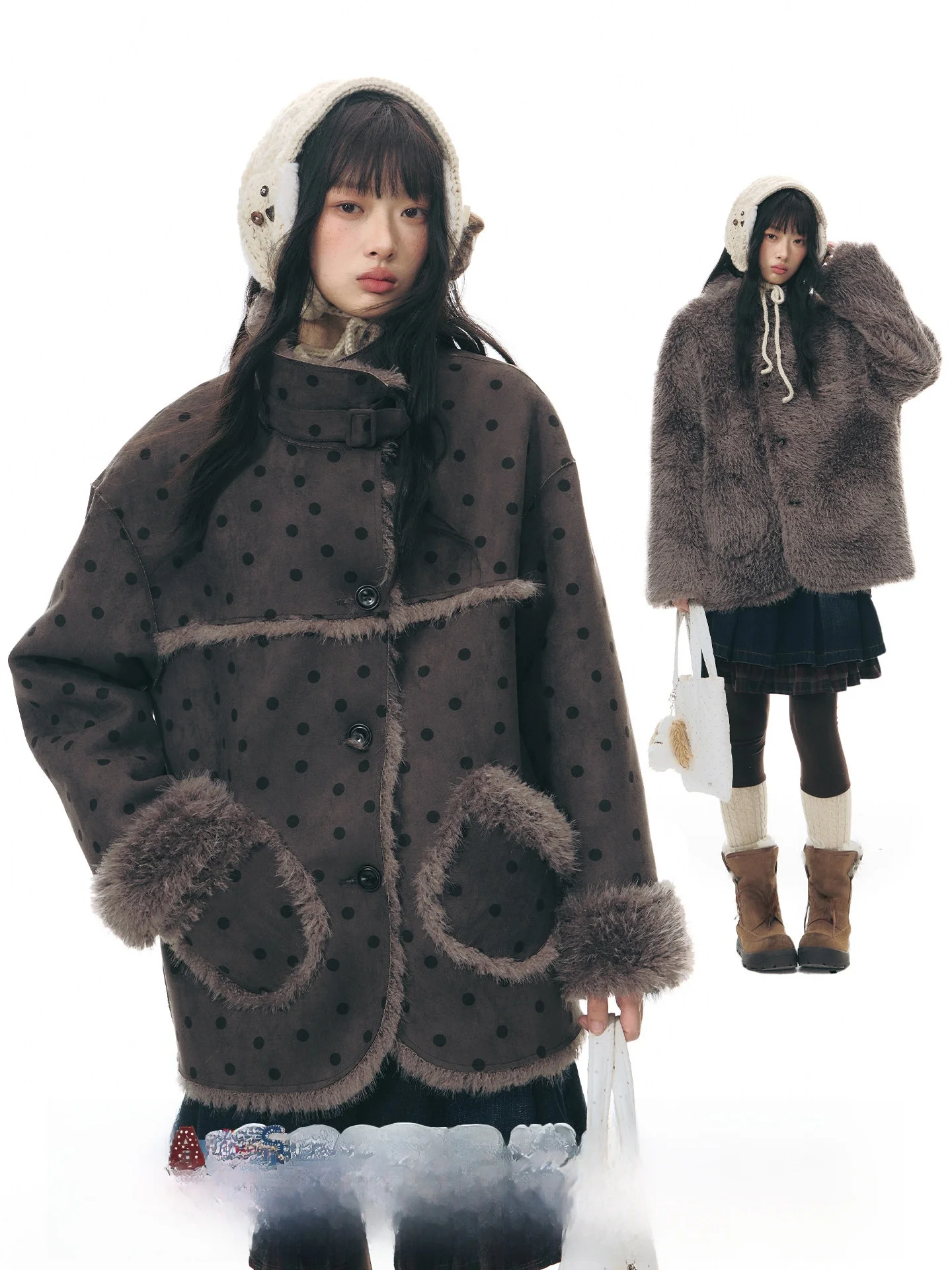 

NAPSNAPS Original Double-Sided Wear Retro Polka Dot Fur Coat Women Winter New Thi Warm Top Polyester Fiber Long Sve