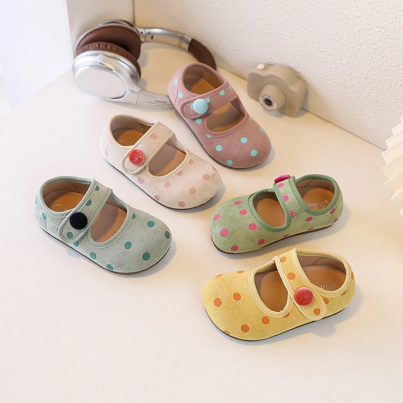 Girls Leather Shoes 2026, Polka Dot Print Fashion Casual Flats, Soft Sole Outdoor Shoes for Daily Wear