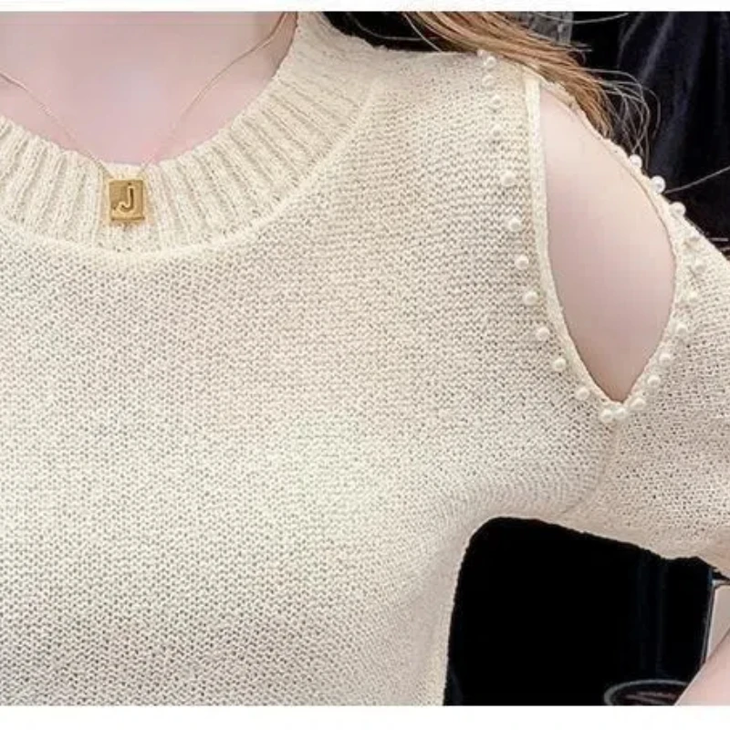 Women\'s Solid Color Summer Round Neck Pullover Short Sleeve Thin Hollow Out Sweater Knitted Casual Elegant T-shirt Beaded Tops