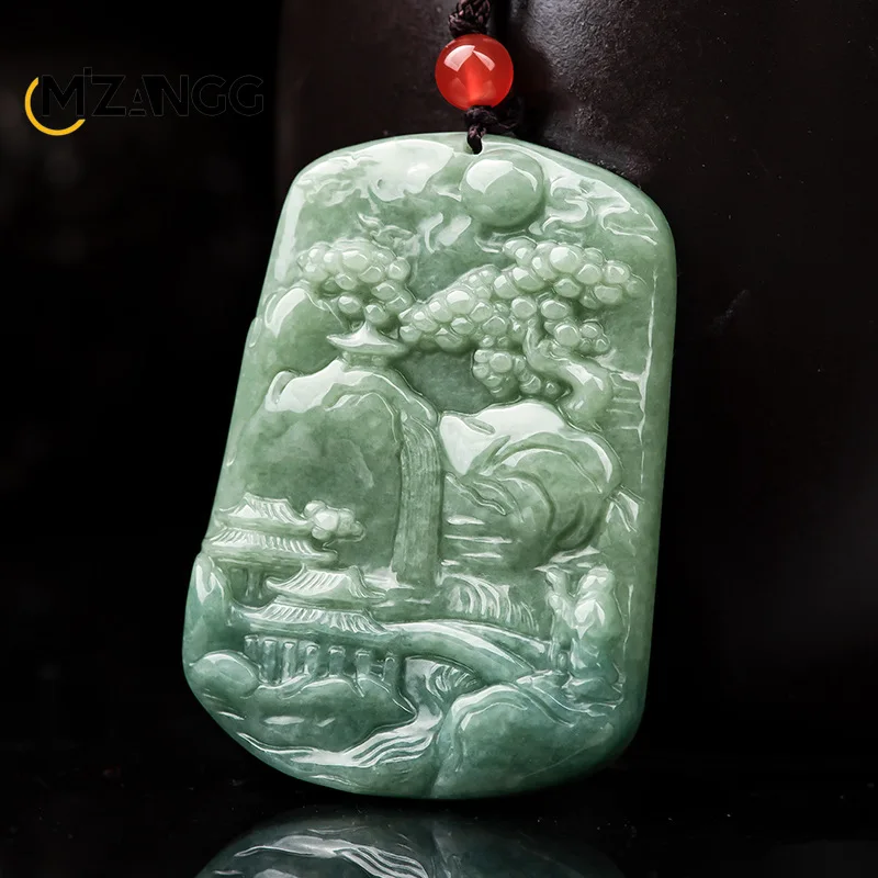 Genuine Natural A Goods Jadeite Landscape Brand Pendant Chinese Carving Charm Blessing Mascot Men and Women Jade Necklace Gift