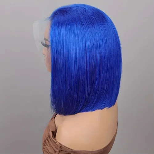 Peluca de cabello humano Bob liso azul marino, pelucas brasileñas de 200 de densidad 13x4 HD con encaje Frontal, pelucas Bob de color liso de hueso prearrancadas