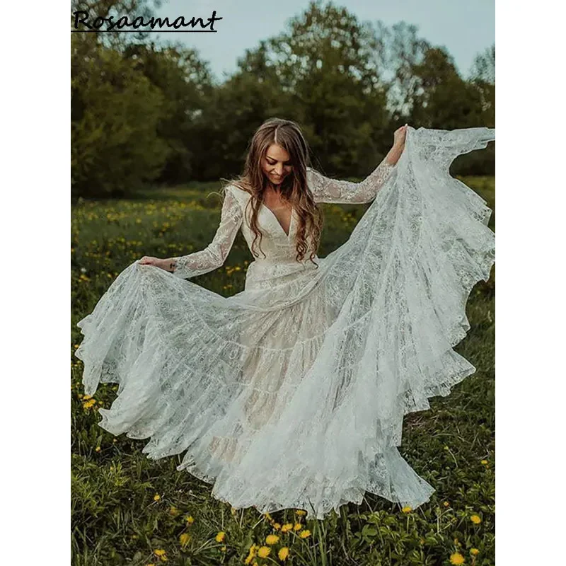 Винтажные свадебные платья трапециевидной формы с v-образным вырезом и длинными рукавами, аппликации с открытой спиной, кружевные многоярусные свадебные платья в стиле кантри