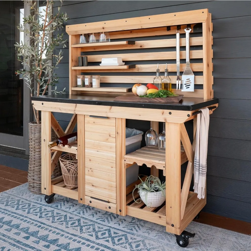 Cedar Wood Buffet Hutch with Galvanized Steel Countertop, Serving Station, Wine Rack, and Glass Holder