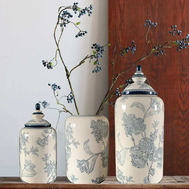 Retro Blue Flower Ceramic Jar Storage Bottle Antique and White Porcelain Vase Desktop Decoration Crafts