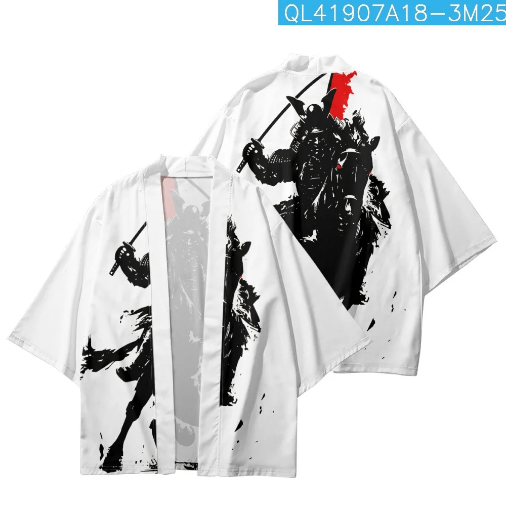 Kimono japonés con estampado de samurái para hombre y mujer, cárdigan de color blanco y negro, pantalones cortos de playa, ropa asiática Harajuku