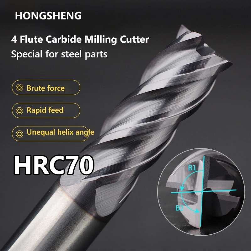 HRC70 CNC Carbide End Mill Tungsten Cutter 4 Flute Metal Steel Machining Tool 1 2 3 4 6 8 10 12 Shank Key Face Square Router Bit