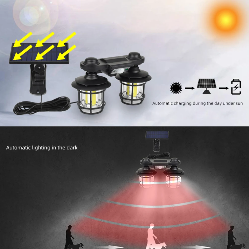 Nova cabeça dupla solar luz pingente ao ar livre 2 em 1 luz de parede à terra interruptor sensorial led caminho solar luz paisagem para jardim