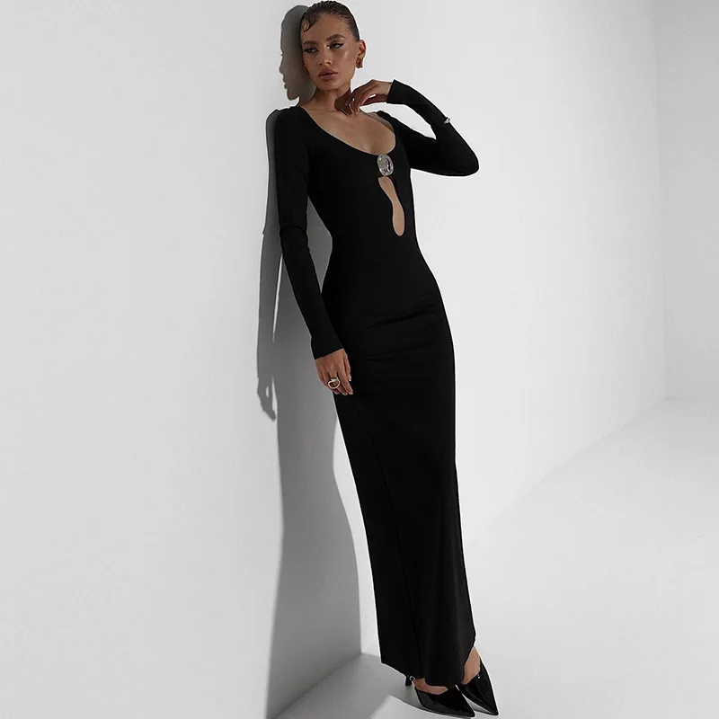 Deep-V Neck Hollow Women's Prom Dress Metal Button High Waist Party Gown Black Sheath Slim Evening Skirt New Design In Stock