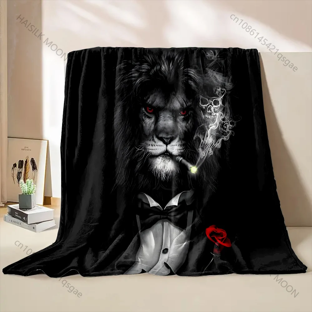 Mr. Lion smoking on black background pattern Blanket Flannel Material Soft Warm for All Seasons, Home Outdoor Camping Picnics