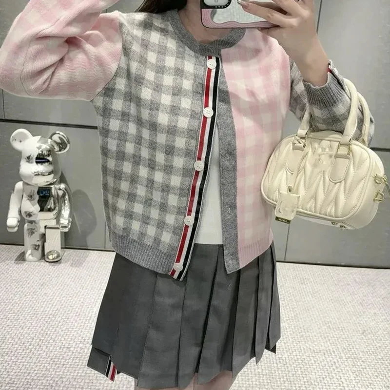 

Осенне-зимний корейский модный свитер с круглым вырезом и длинными рукавами на пуговицах, женское модное свободное вязаное пальто в клетку, женская футболка