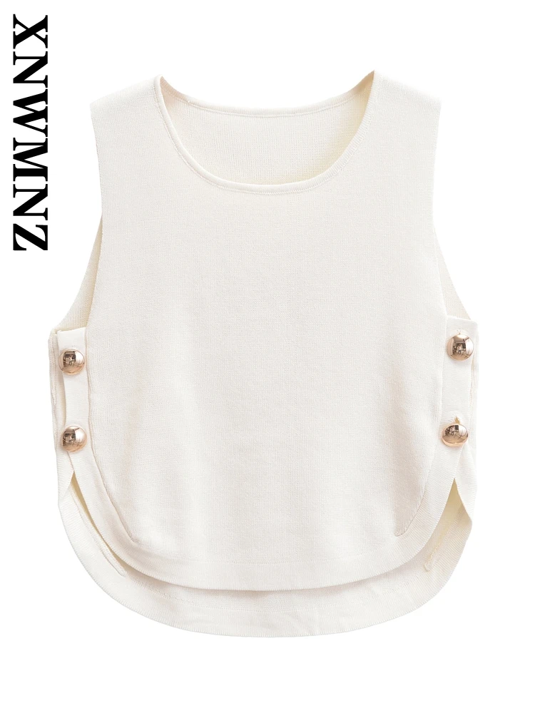 XNWMNZ 2024 Autumn Woman Casual Ruched Solid Color Knit Sweater Vest Female Streetwear Fashion O-Collar Button Sleeveless Gilet