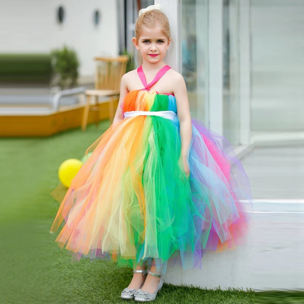 Rainbow Long Dresses for Girls Candy Princess Costumes for Kids Floor Strapless Dress with Hairband Children Birthday Outfits