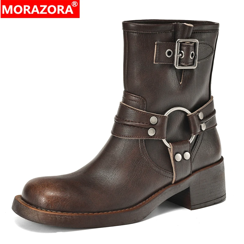 

MORAZORA INS новые ботильоны из натуральной кожи, мотоциклетные ботинки ручной работы на осень-зиму в стиле панк с пряжкой на массивном среднем каблуке в стиле ретро