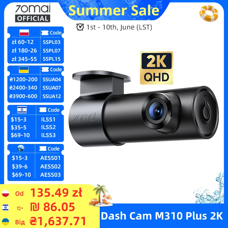 70mai Dash Cam M310 Plus 2K 1440P 143°FOV F1.55 Smart Voice Control 24H Parking Guard Night Vision 70mai M310 Plus 2K Car DVR