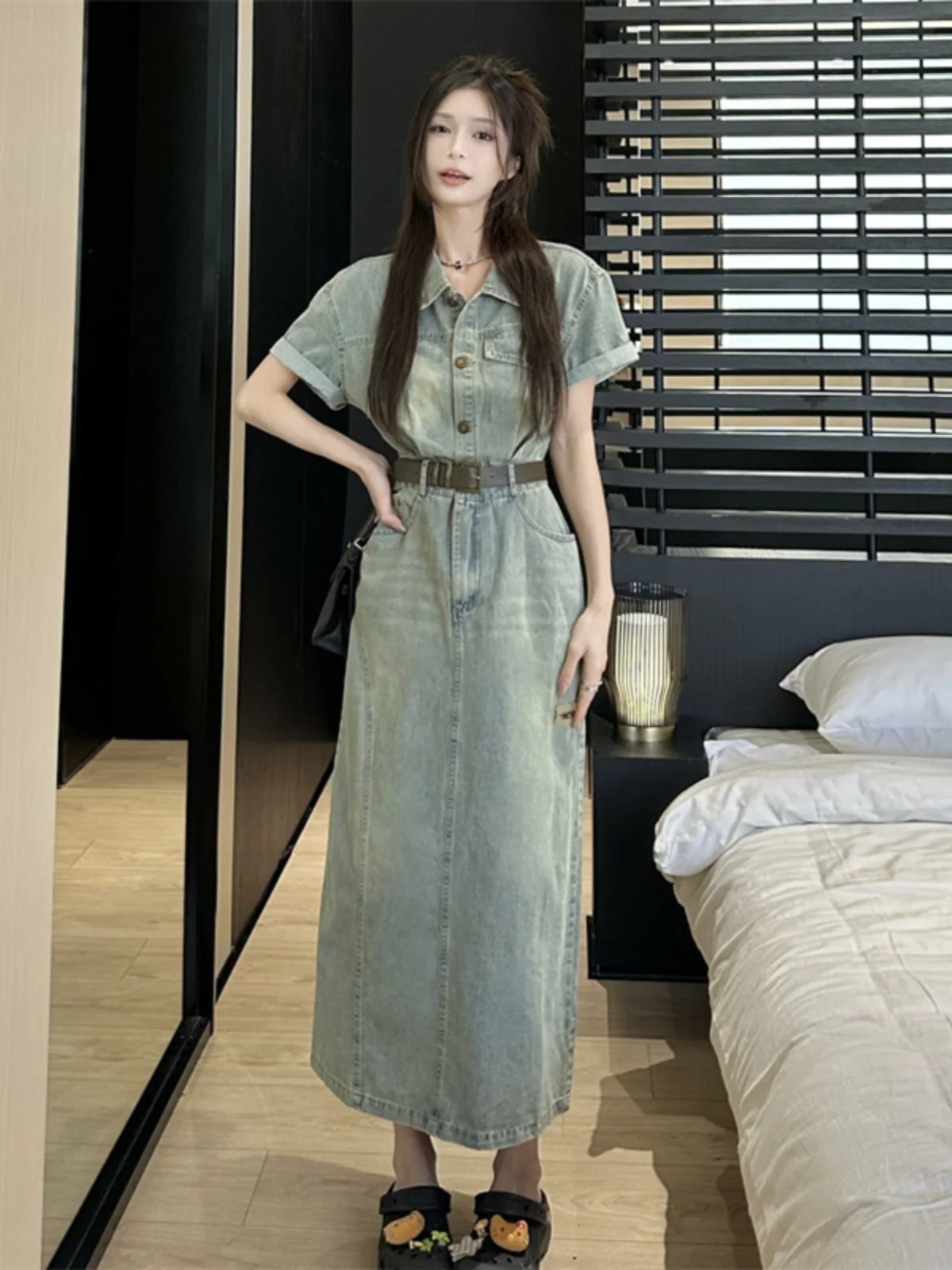 plus Size Vintage American Sle Denim Dr Women's Summer New Waist Cinching ort Sve Turn-down Collar Midi Skirt