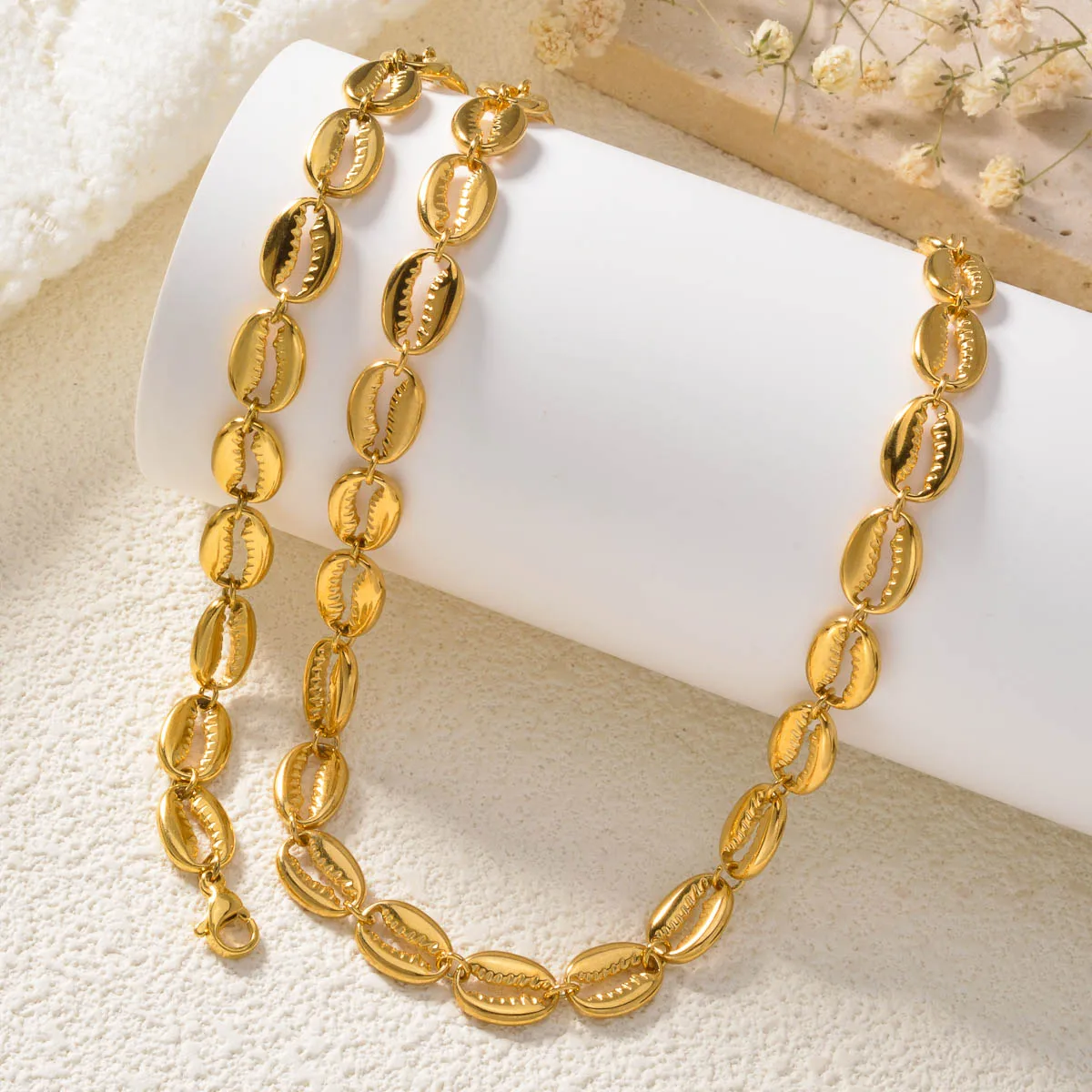 Gold Plated Stainless Steel Shell Necklace Bracelet Set