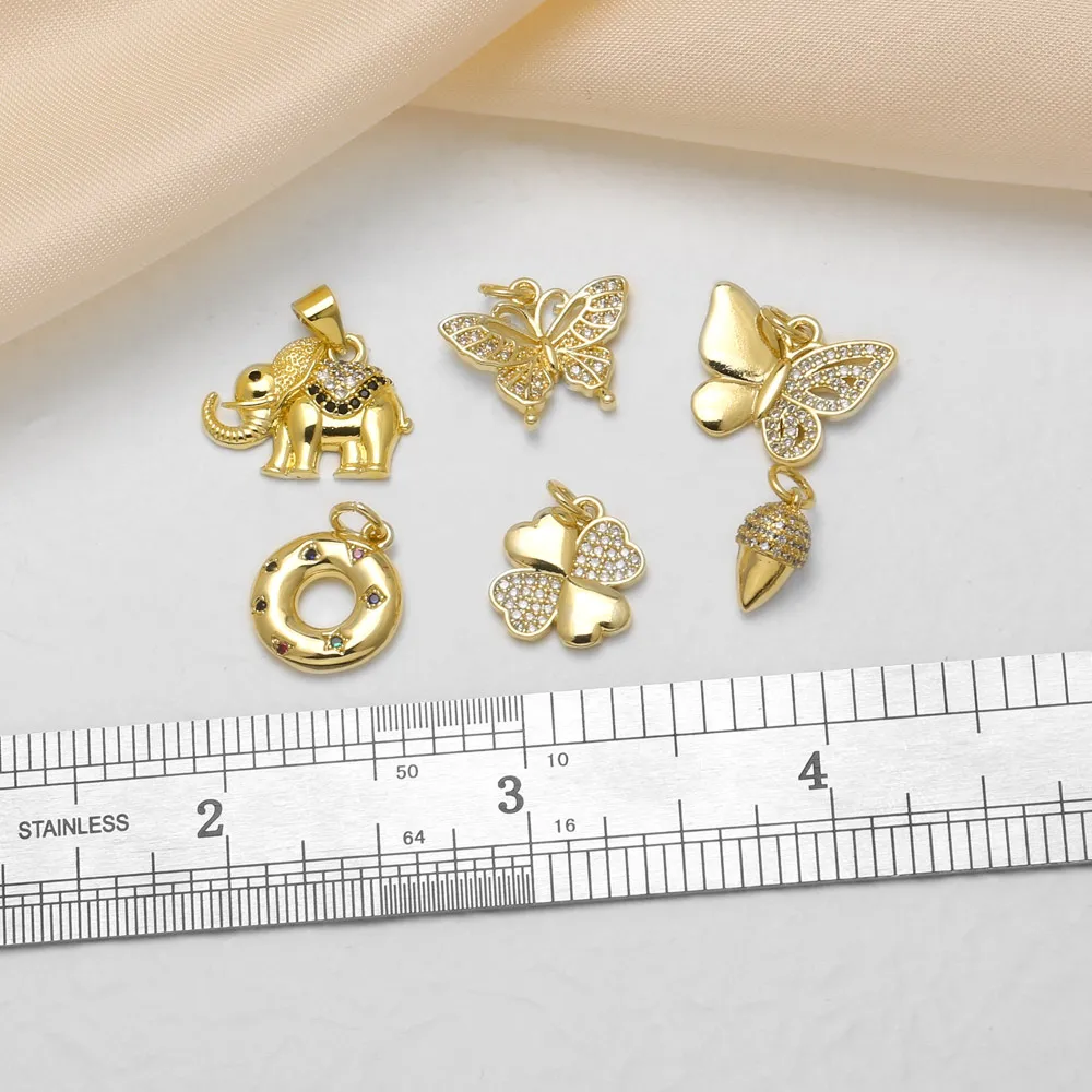OCESRIO White Crystal Elephant Butterfly leaves Charm Copper Gold Plated Donut Pendant DIY Jewelry Making Components chma647
